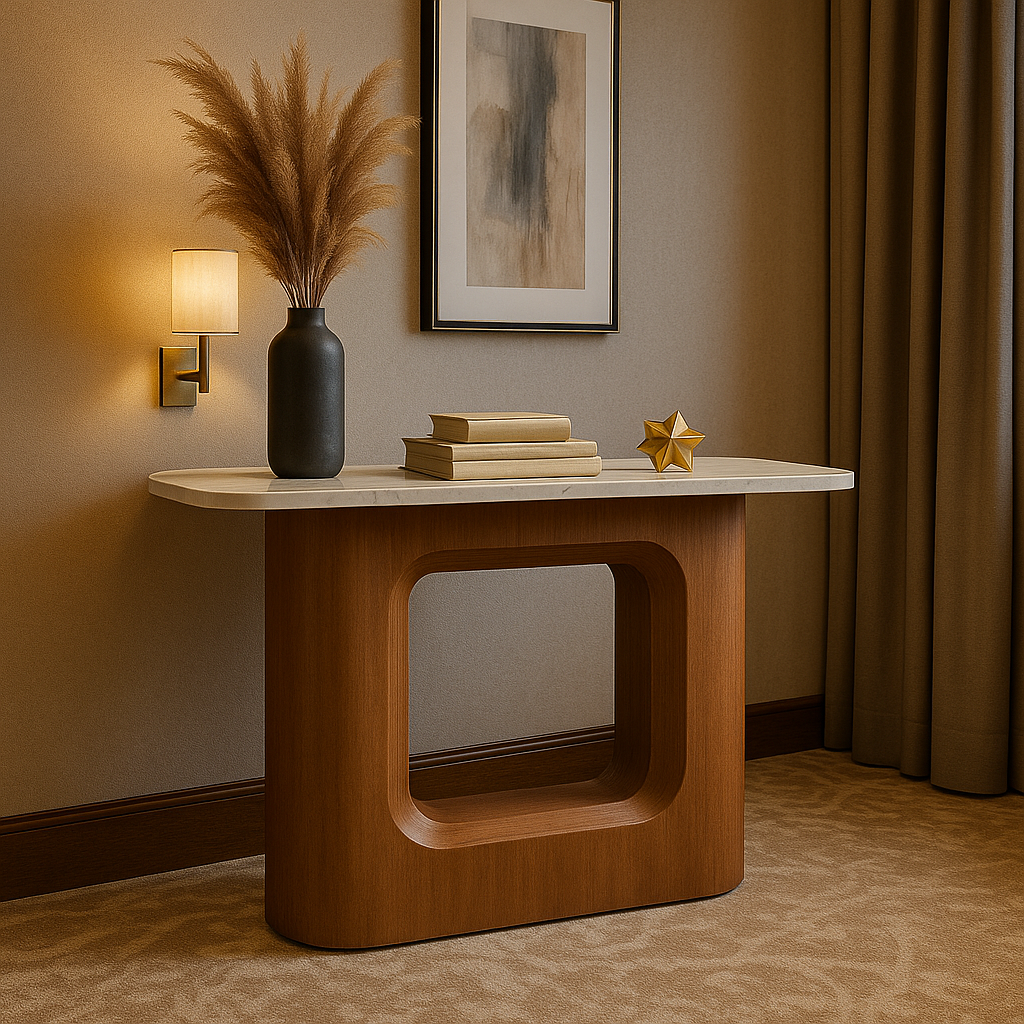 Ovalo Console – Modern Walnut Base with White Stone Top