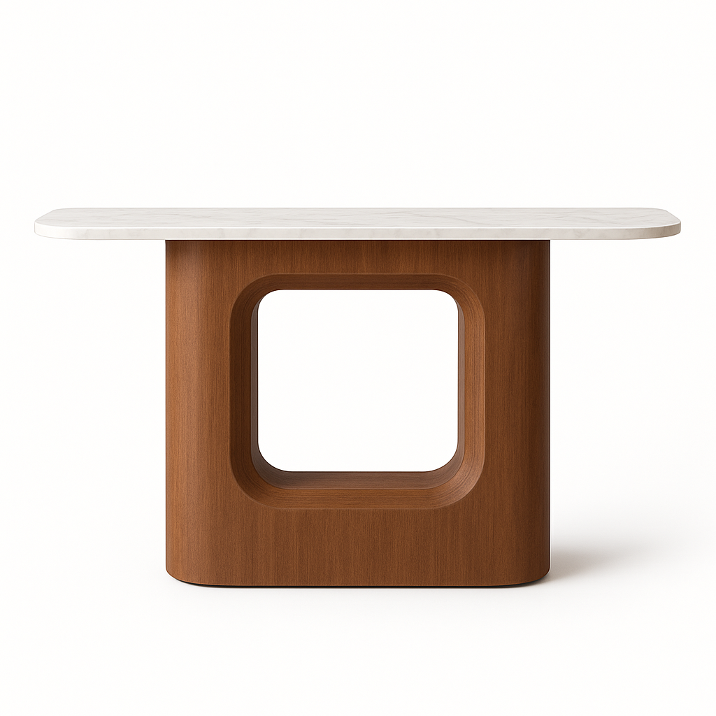 Ovalo Console – Modern Walnut Base with White Stone Top