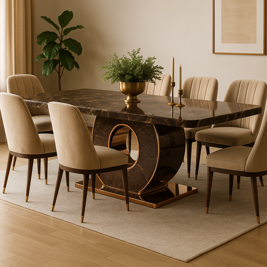 Cirque Luxe Dining Table – Brown Emperador Marble with Gold Accents