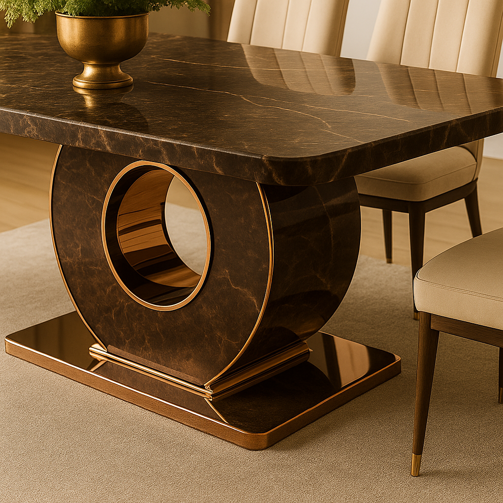Cirque Luxe Dining Table – Brown Emperador Marble with Gold Accents