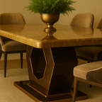 Hexa Luxe Dining Set – Gloss Honey Oak Top with Geometric Gold Base & Velvet Chairs