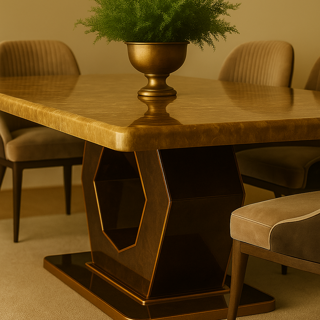 Hexa Luxe Dining Set – Gloss Honey Oak Top with Geometric Gold Base & Velvet Chairs