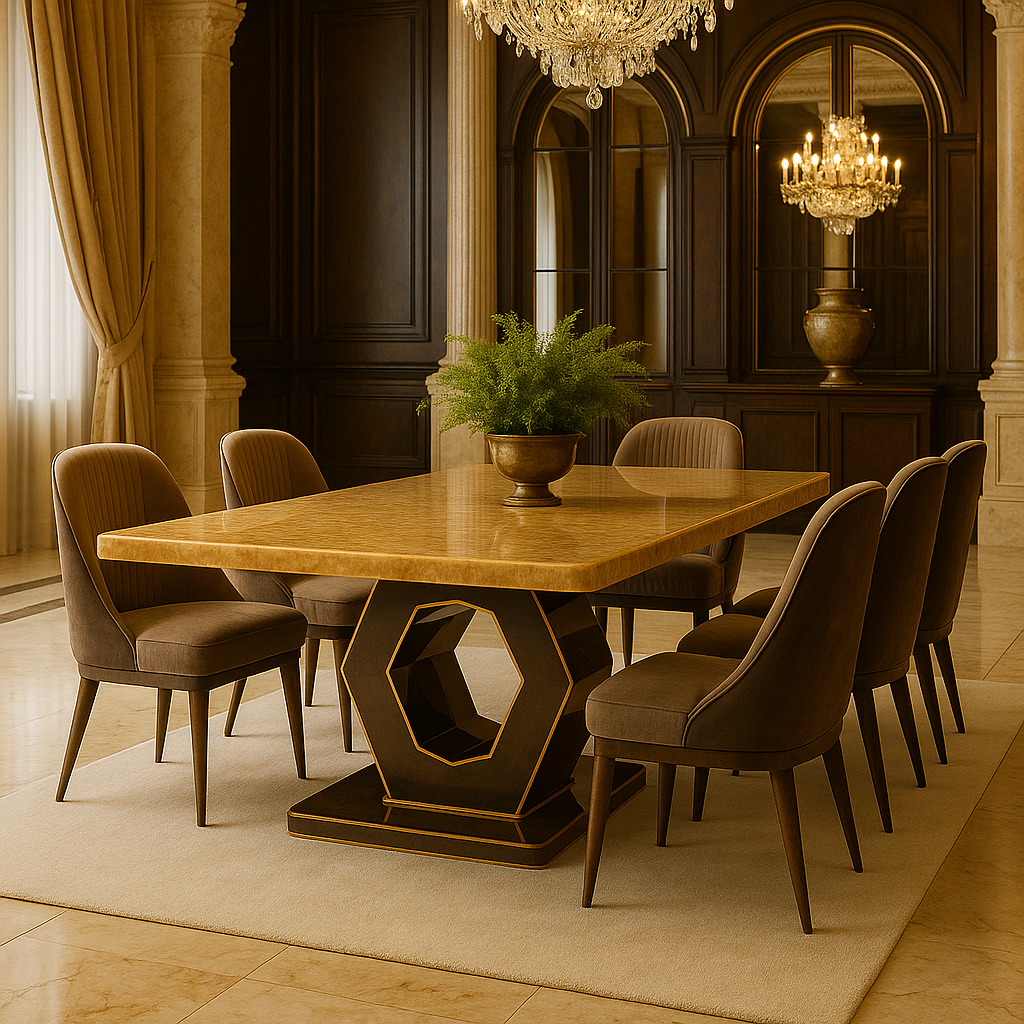 Hexa Luxe Dining Set – Gloss Honey Oak Top with Geometric Gold Base & Velvet Chairs