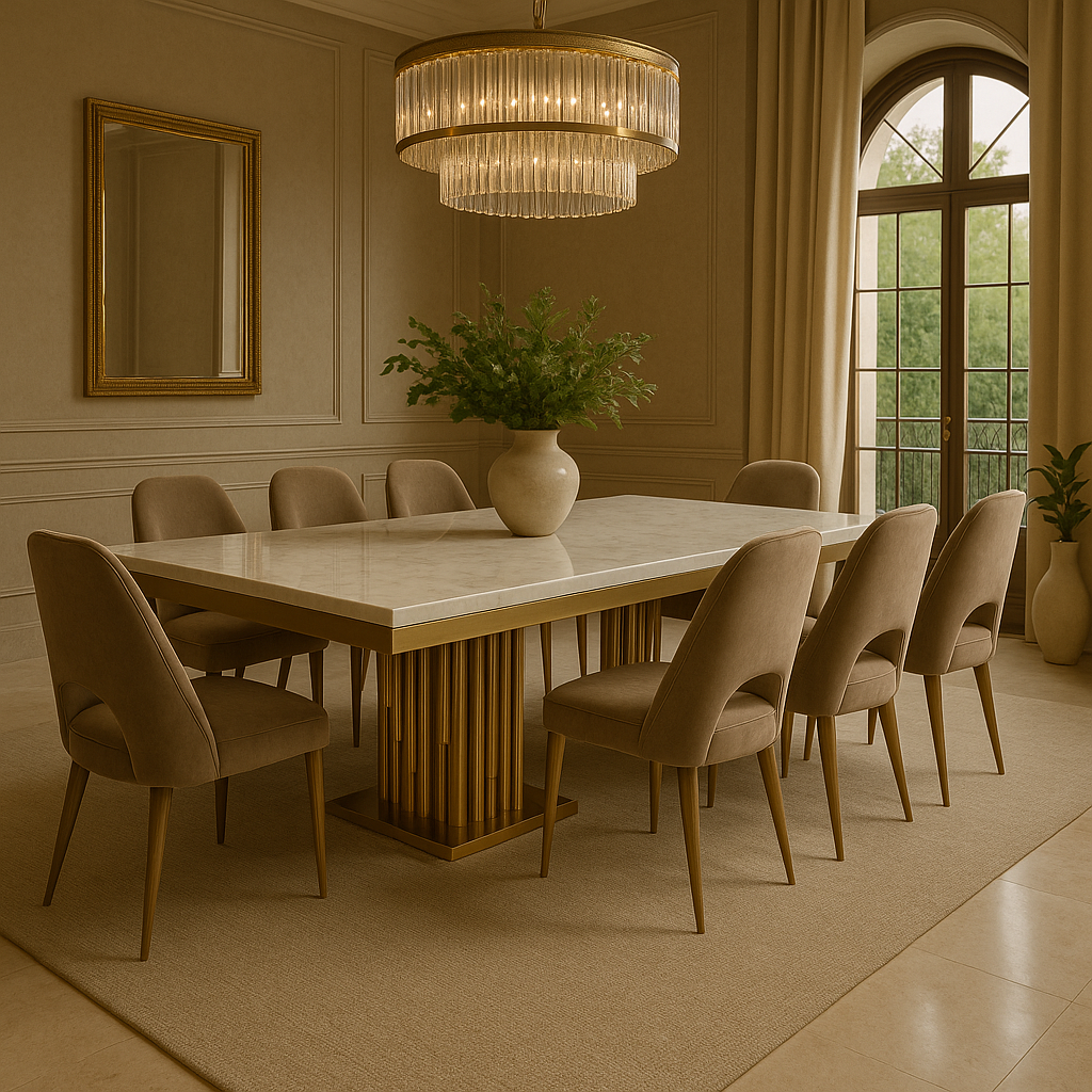 Celesta Grand Dining Set – White Marble Top with Gold Fluted Base & Velvet Chairs