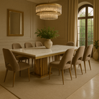 Celesta Grand Dining Set – White Marble Top with Gold Fluted Base & Velvet Chairs