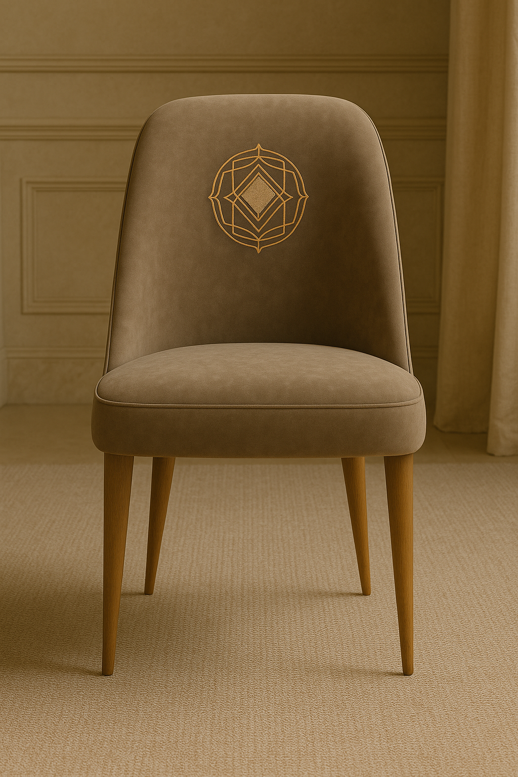 Celesta Grand Dining Set – White Marble Top with Gold Fluted Base & Velvet Chairs