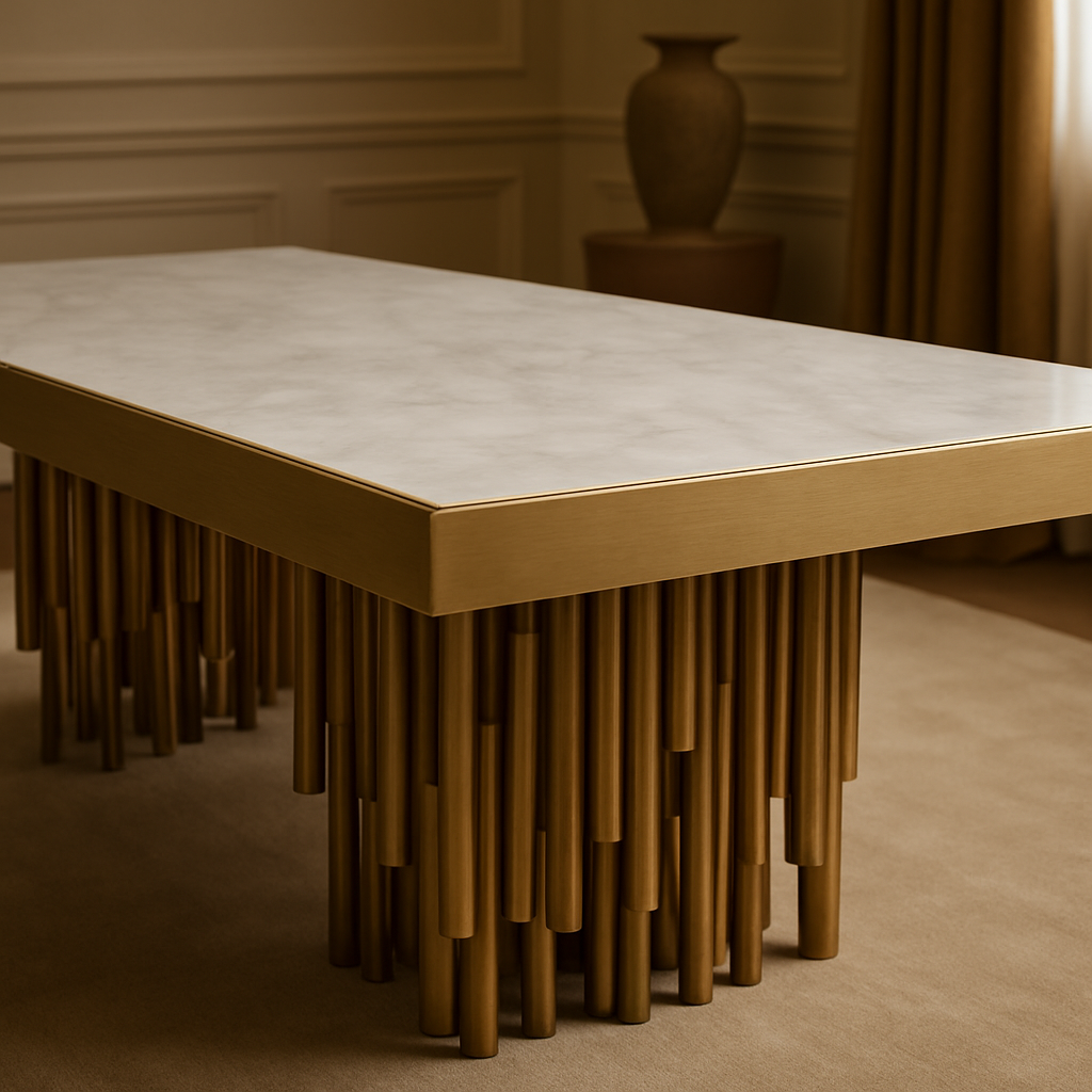 Celesta Grand Dining Set – White Marble Top with Gold Fluted Base & Velvet Chairs