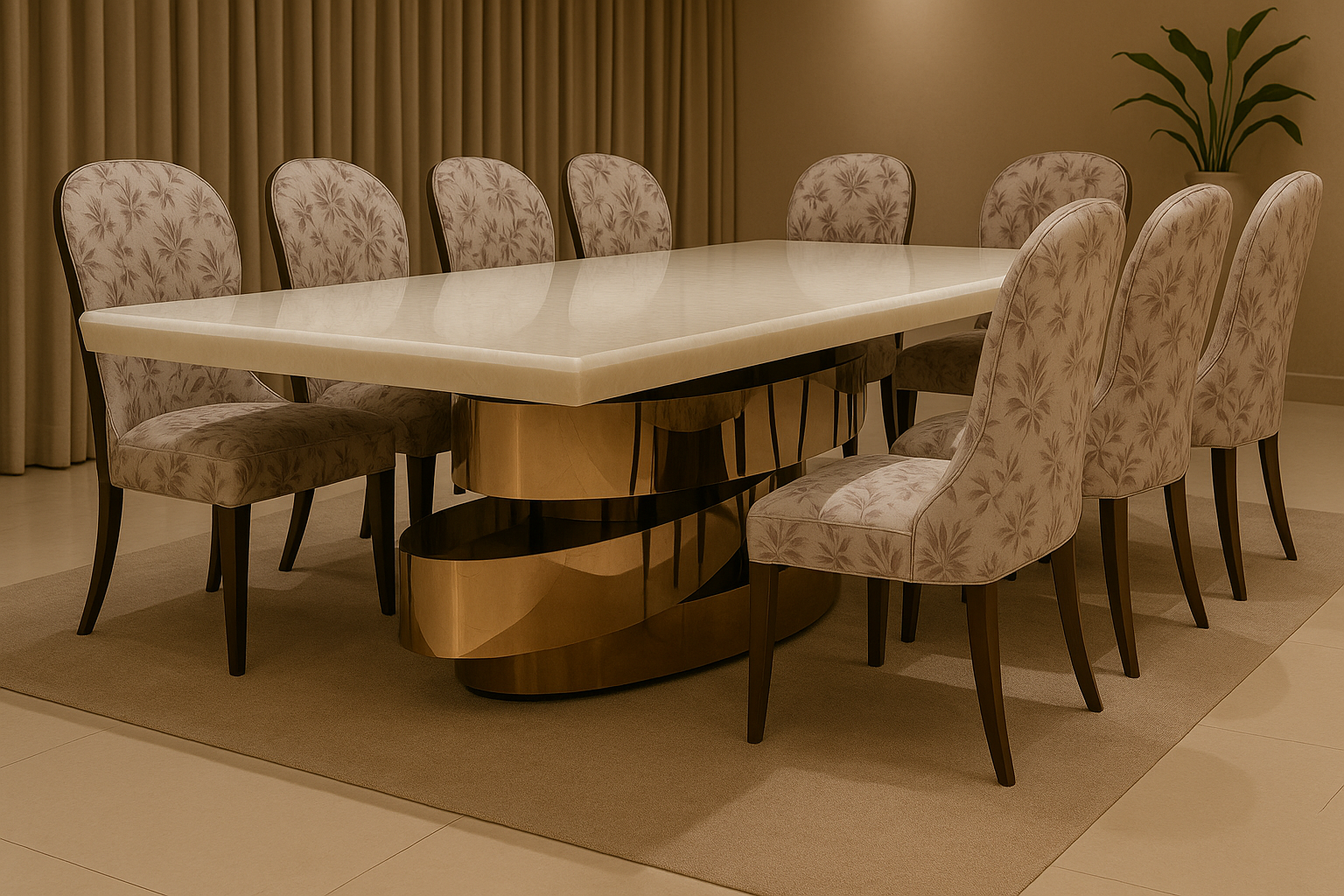 Aurum Blossom Dining Set – Ivory Marble Top with Gold Base & Printed Chairs