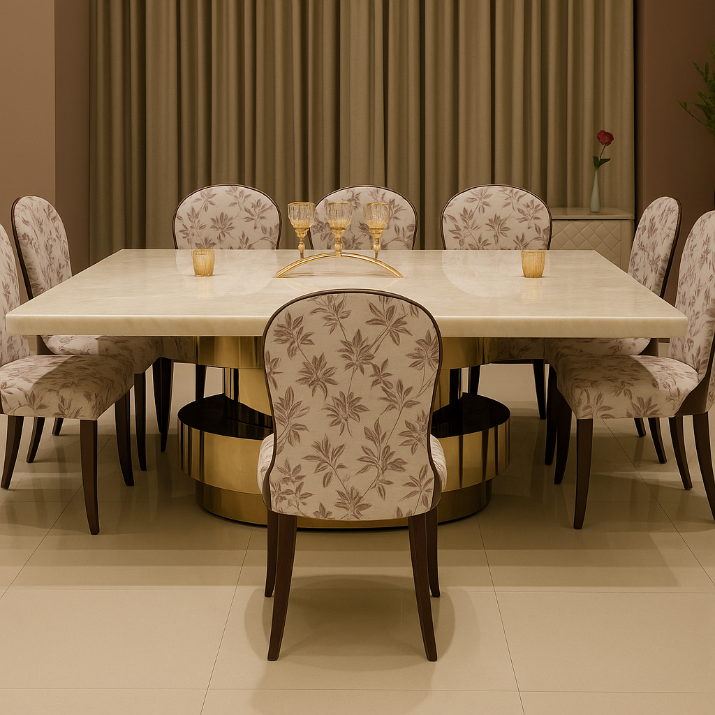 Aurum Blossom Dining Set – Ivory Marble Top with Gold Base & Printed Chairs