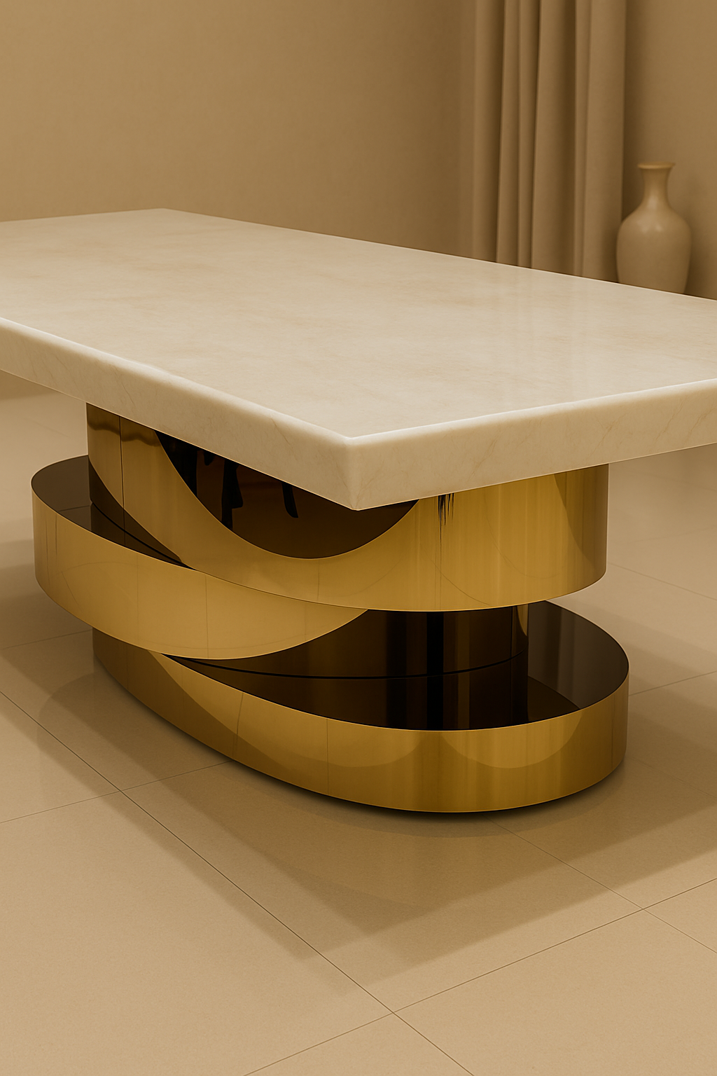 Aurum Blossom Dining Set – Ivory Marble Top with Gold Base & Printed Chairs