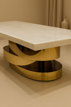 Aurum Blossom Dining Set – Ivory Marble Top with Gold Base & Printed Chairs