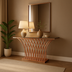 Elanora Rose Gold Console Table with Mirror – Black Glass Top