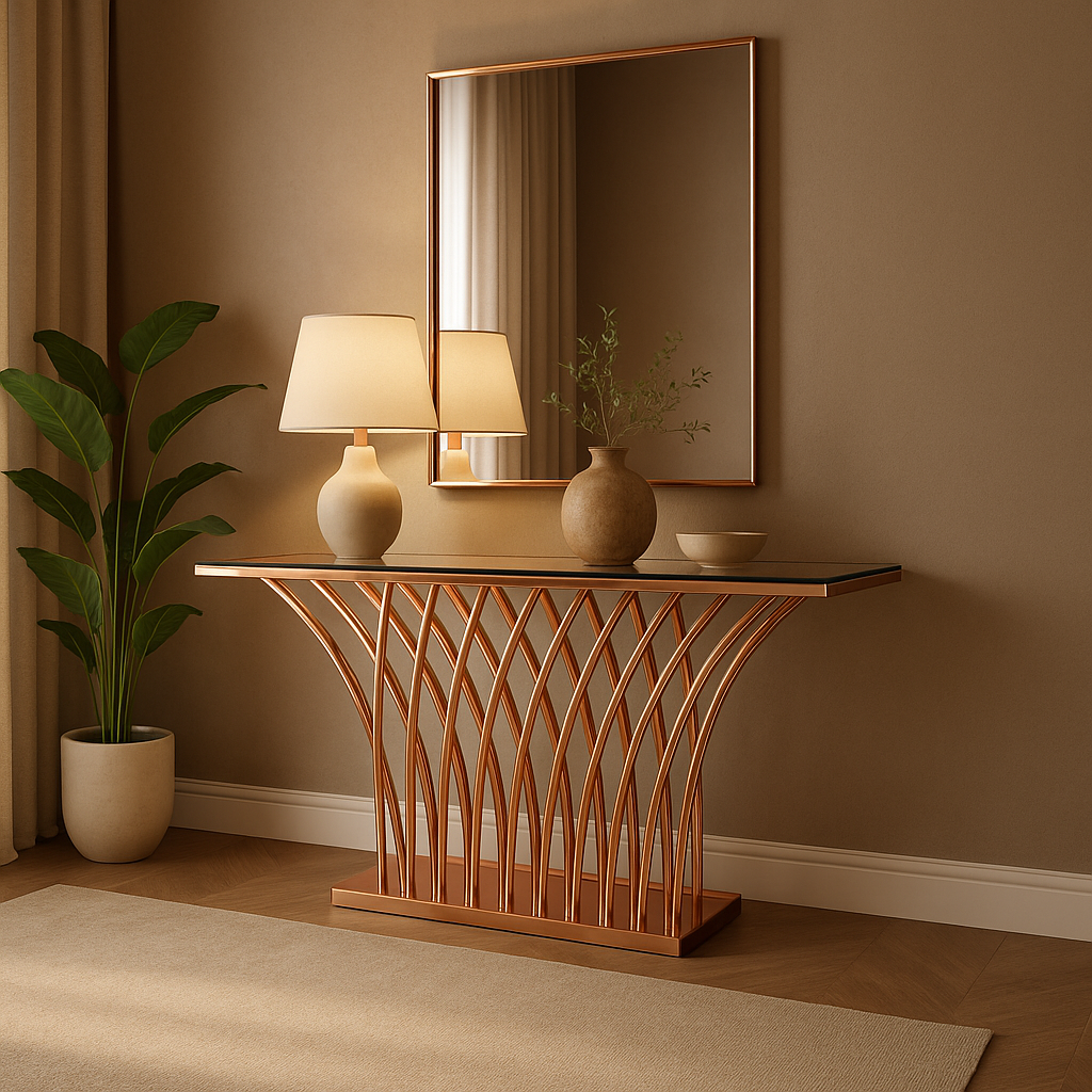 Elanora Rose Gold Console Table with Mirror – Black Glass Top