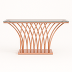 Elanora Rose Gold Console Table with Mirror – Black Glass Top