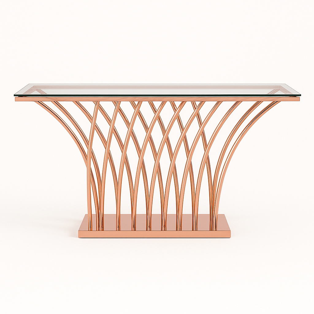 Elanora Rose Gold Console Table with Mirror – Black Glass Top