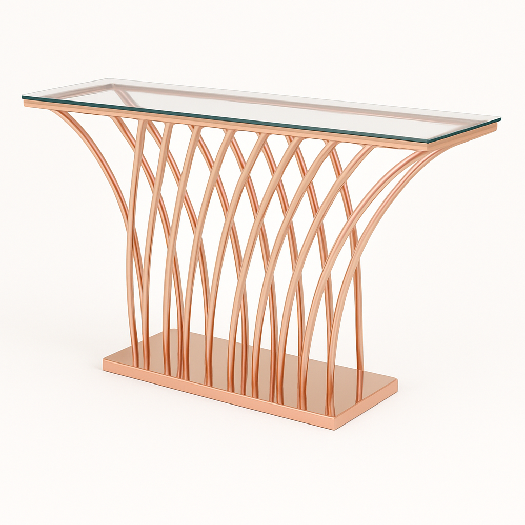 Elanora Rose Gold Console Table with Mirror – Black Glass Top