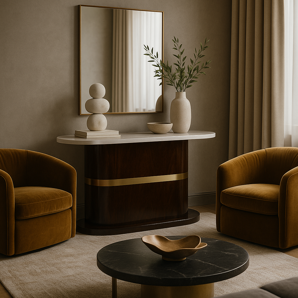 Elmore Sculpted Console Table – Walnut Finish with Marble Top & Mirror