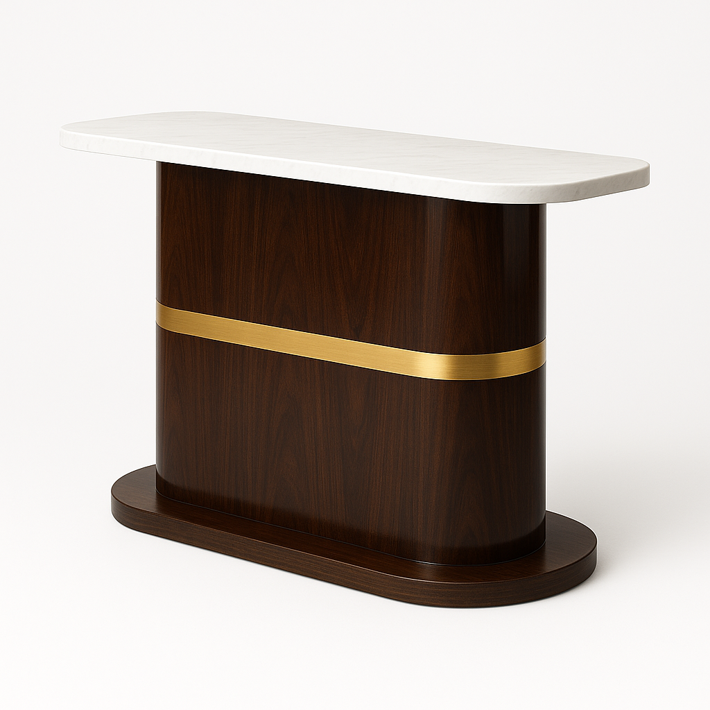 Elmore Sculpted Console Table – Walnut Finish with Marble Top & Mirror