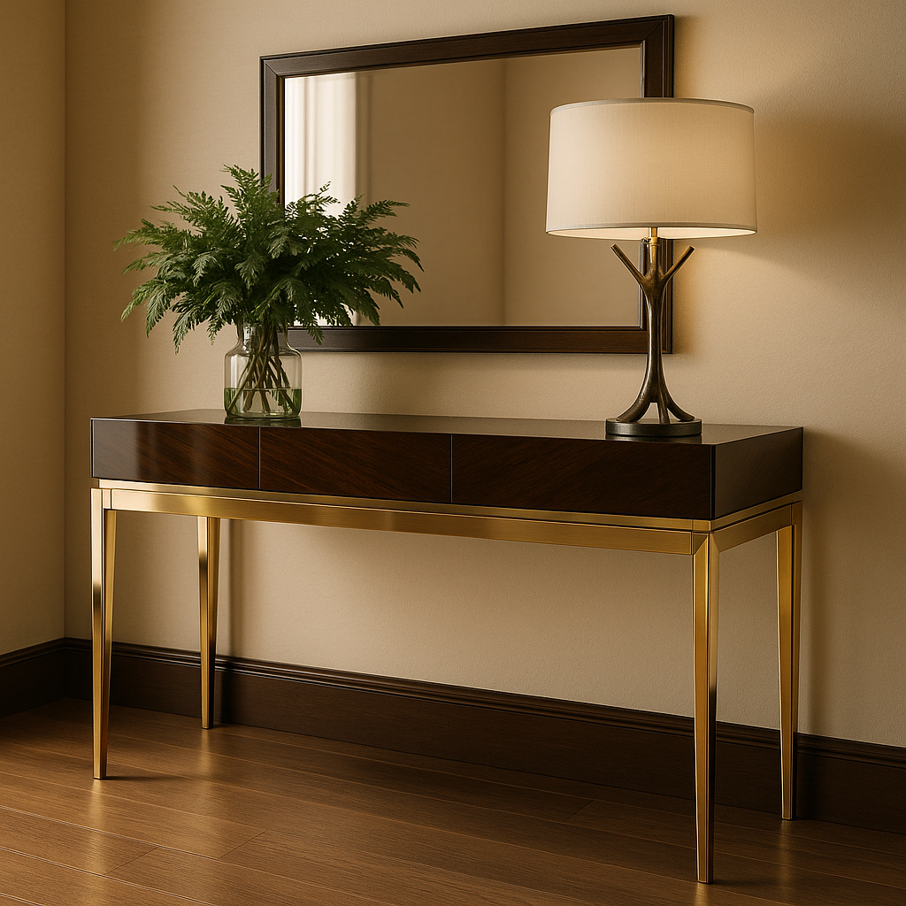 Winston Wooden Console Table with Brass Trim & Mirror