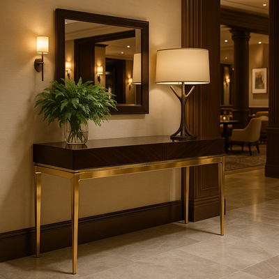 Winston Wooden Console Table with Brass Trim & Mirror