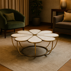 Maple Bloom Petal Coffee Table – White Marble & Brass Finish