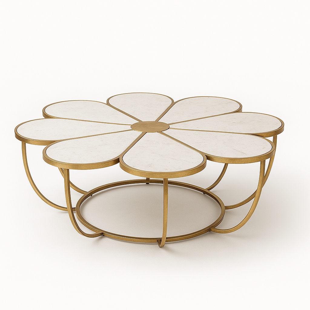 Maple Bloom Petal Coffee Table – White Marble & Brass Finish
