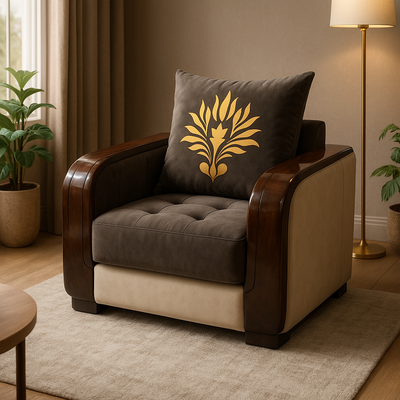 Majestic Tufted Velvet Armchair – Coffee & Beige with Gold Crest Cushion