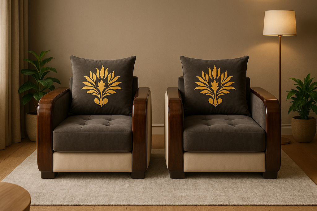 Majestic Tufted Velvet Armchair – Coffee & Beige with Gold Crest Cushion