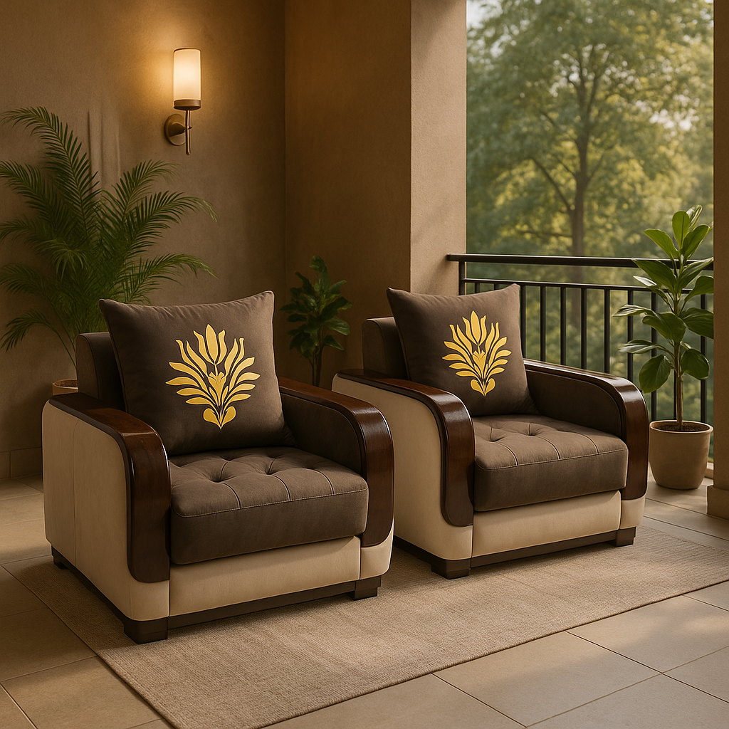 Majestic Tufted Velvet Armchair – Coffee & Beige with Gold Crest Cushion