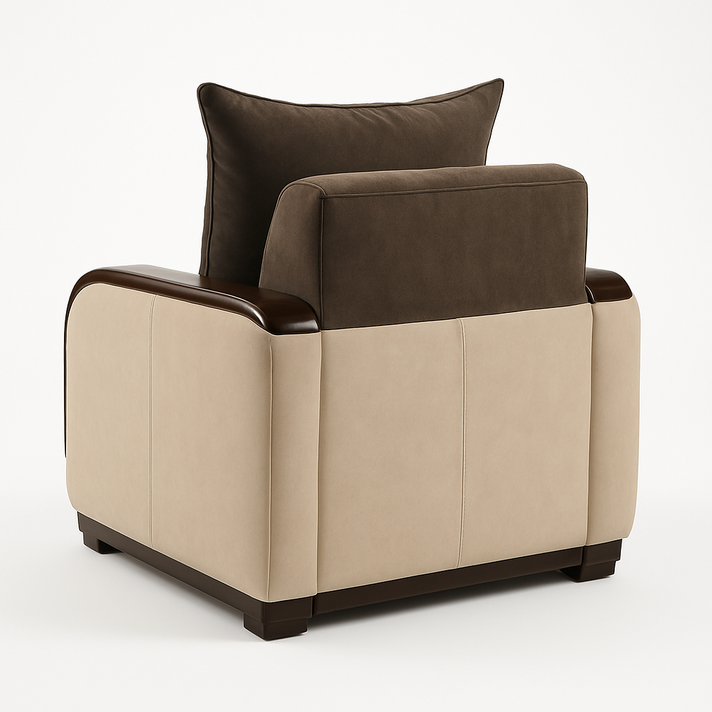 Majestic Tufted Velvet Armchair – Coffee & Beige with Gold Crest Cushion