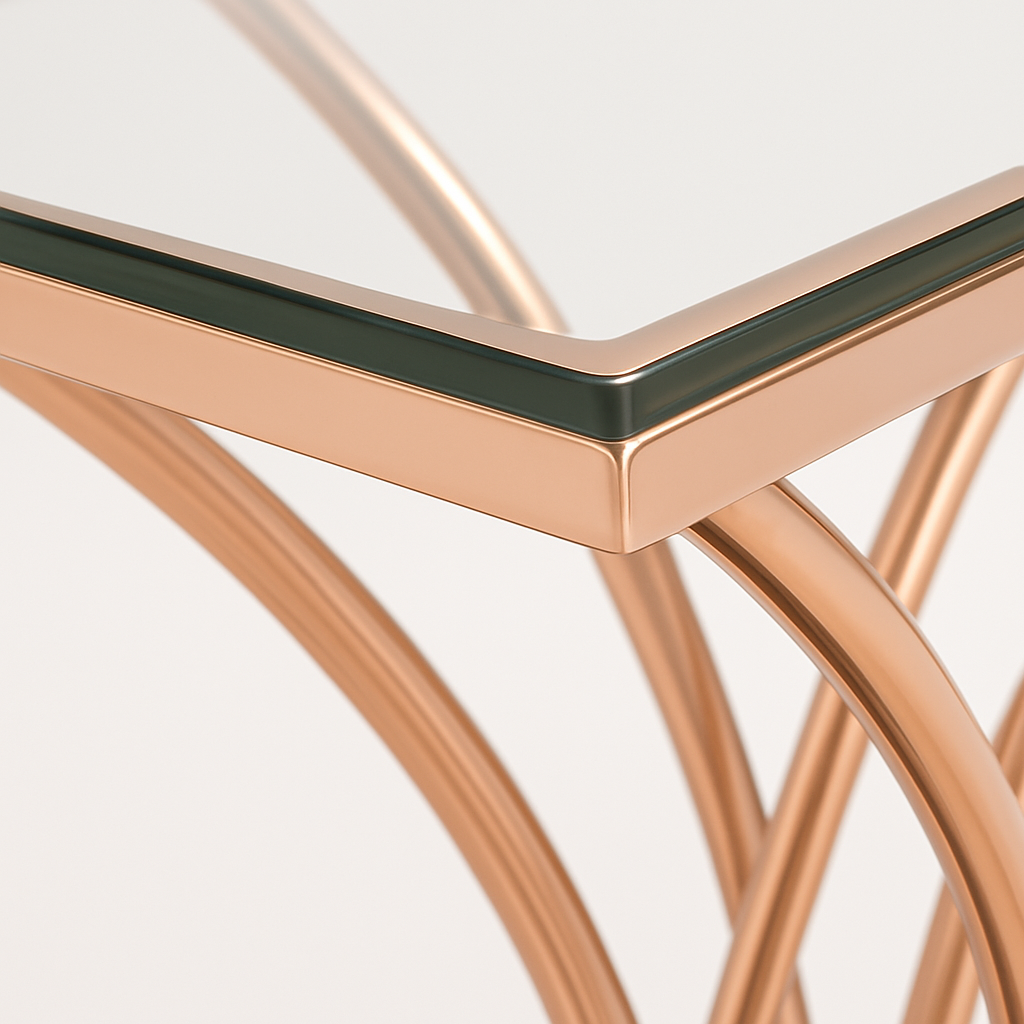 Elanora Rose Gold Console Table with Mirror – Black Glass Top