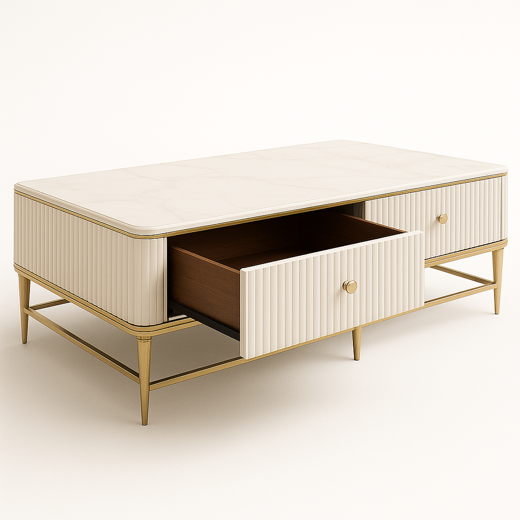 Aurelia Fluted Coffee Table – White Marble & Gold