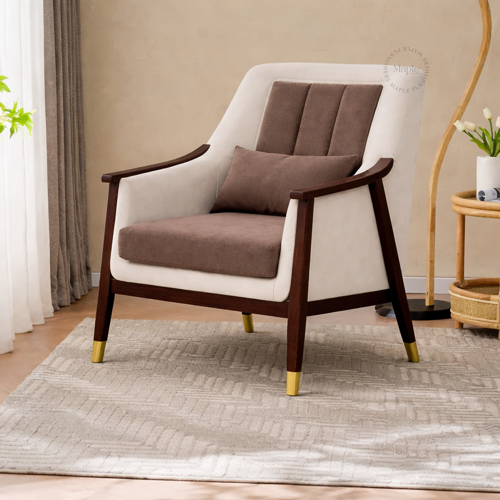 Elyra Accent Chair in Ivory Cream and Mocha Brown, front view