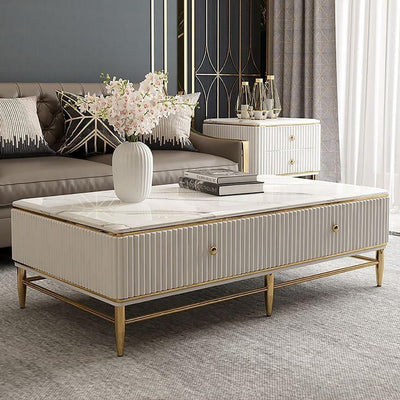 Aurelia Fluted Coffee Table – White Marble & Gold