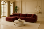 A burgundy velvet sectional sofa with a left-hand chaise, situated in a well-lit room with classic decor.