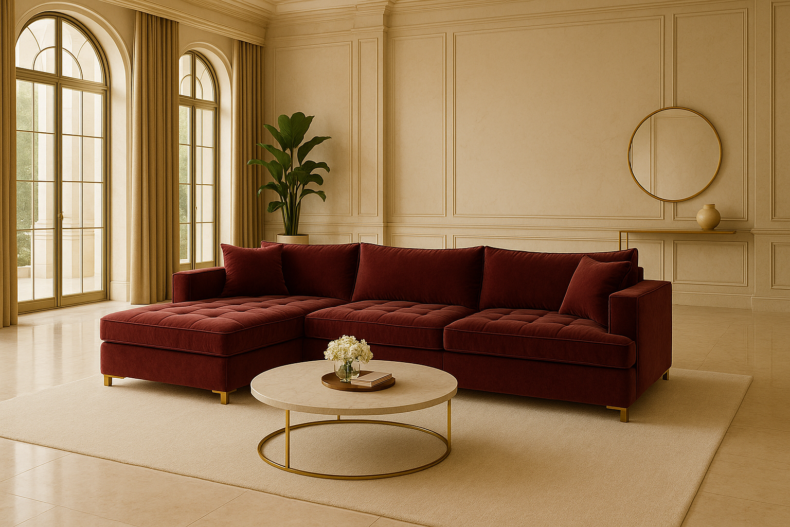 A burgundy velvet sectional sofa with a left-hand chaise, situated in a well-lit room with classic decor.